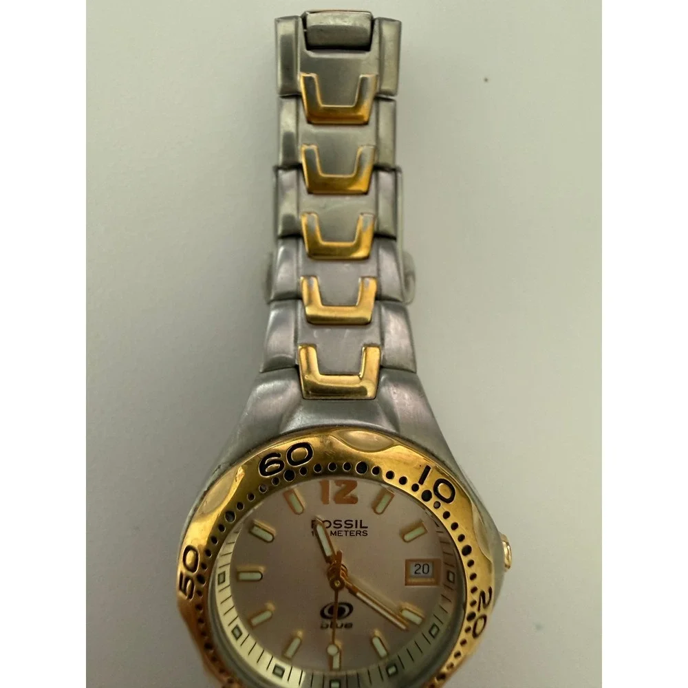 Fossil Blue AM-3425 Two Tone Silver Gold Stainless Steel Watch 100M Water Resist